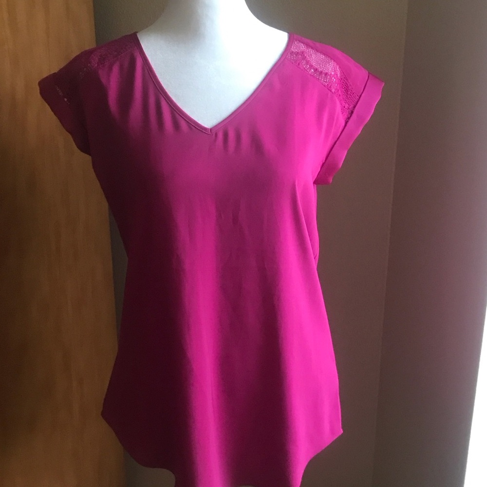 Express Fuchsia V-Neck Blouse with Lace Shoulders